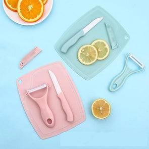 3 In 1 Ceramic Fruit Knife + Peeler + Chopping Board Set